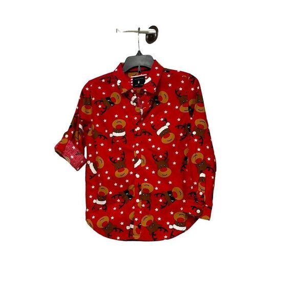 Cactus Boys Kid''s Tabbed Sleeve Button Down Reindeer Christmas Shirt, Red - Picture 9 of 9